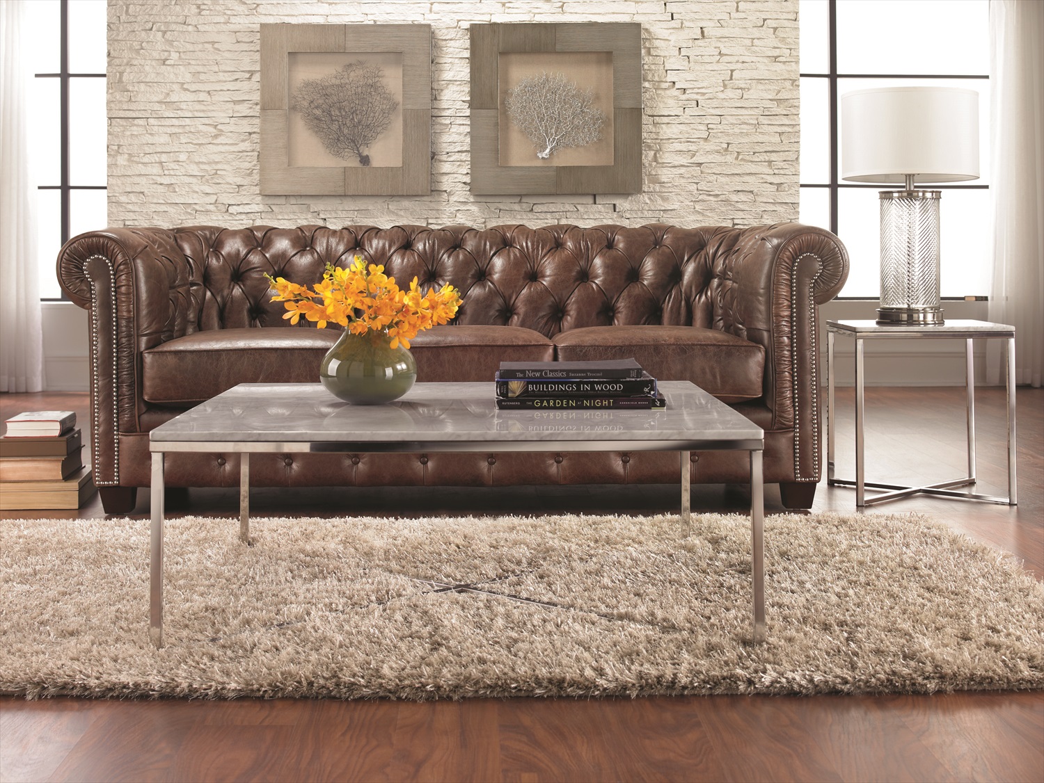 Traditional Tufted Brown Leather Living