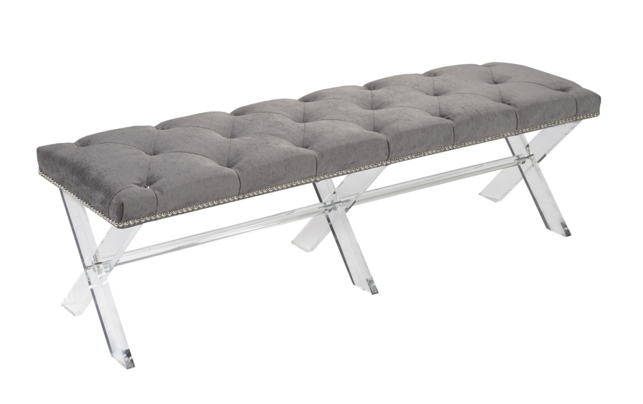 Transitional Tufted Grey Velvet Bench