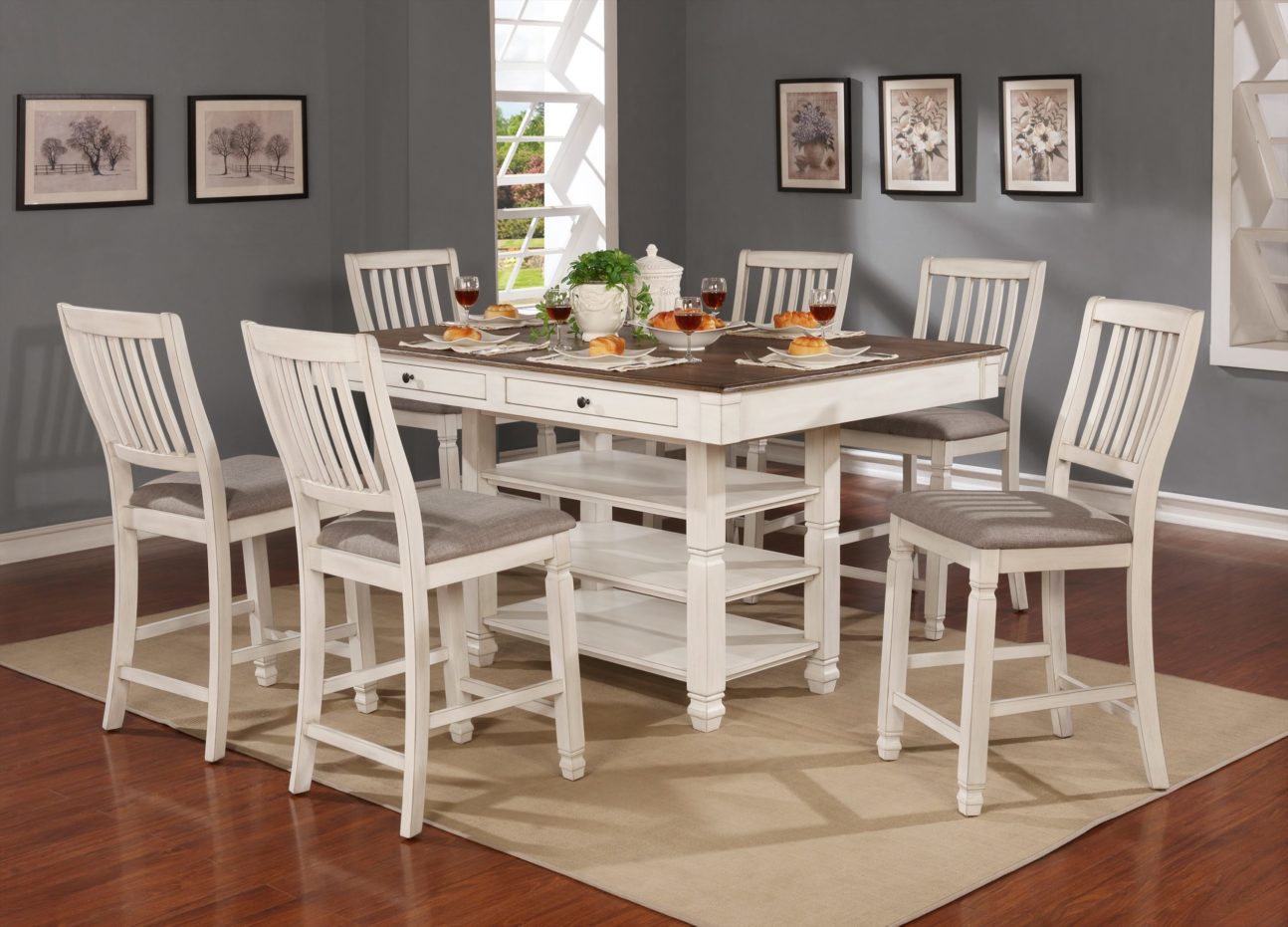 Rustic Oak and Antique White Counter Height Dining Room