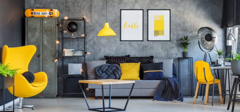 Yellow decor and accents in modern room interior