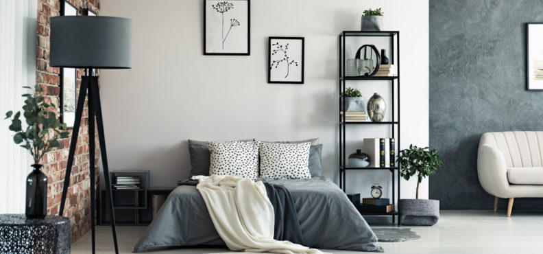 moden bedroom ideas,Vase,On,Metal,Table,And,Grey,Lamp,