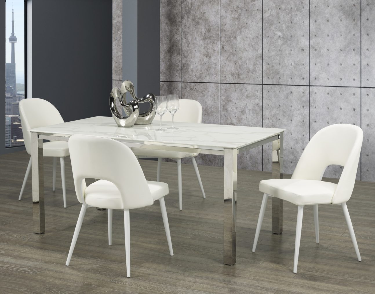 Modern White Marble Glass and Stainless Steel Dining Room