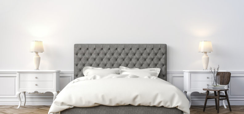 bed, frame, nightstand, mattress, pillow