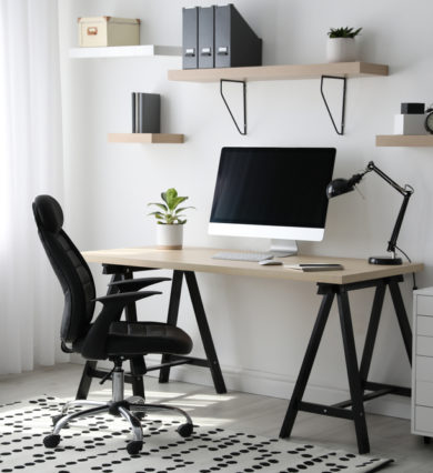 office, chair, in, front, of, desk, with, desktop, computer