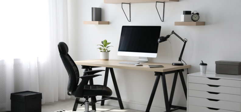 office, chair, in, front, of, desk, with, desktop, computer
