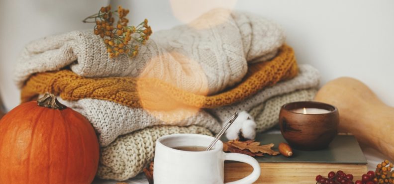 fall, decor, in, room, including, pumpkin, coffee, blankets, and, candle