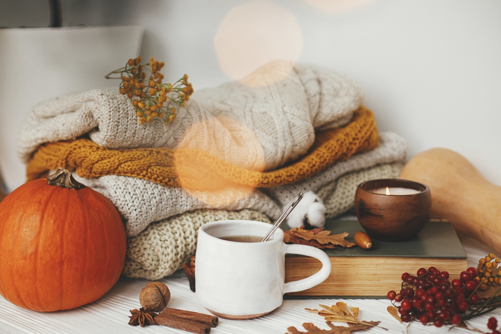 fall, decor, in, room, including, pumpkin, coffee, blankets, and, candle