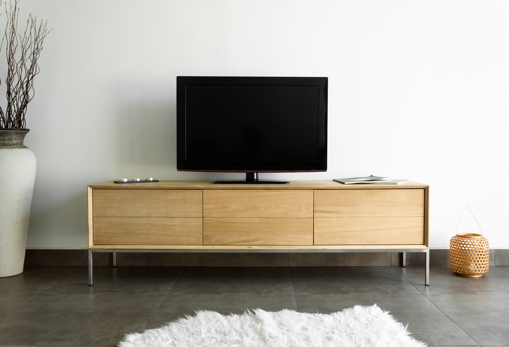 TV, stand, with, TV, on, top
