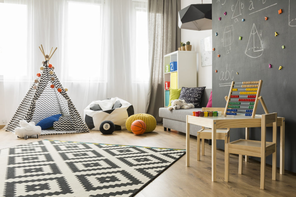children's, room, with, bean, bag, toys, and, carpet