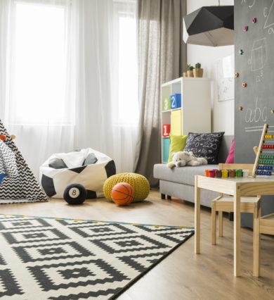 children's, room, with, bean, bag, toys, and, carpet