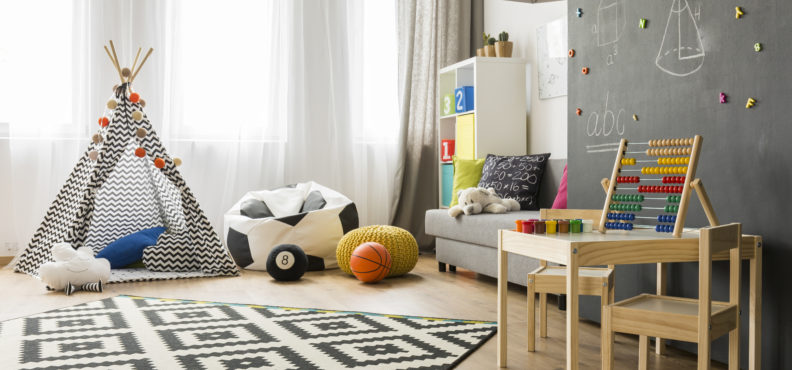 children's, room, with, bean, bag, toys, and, carpet