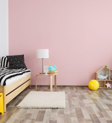 childrens, room, with, pink, walls, bed, and, toys