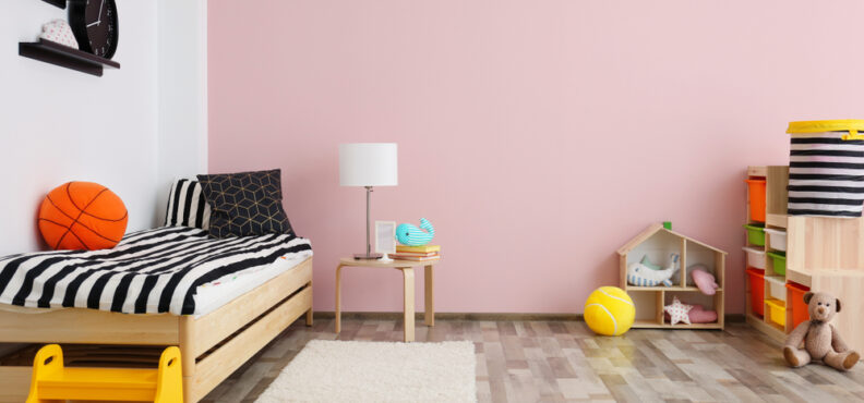 childrens, room, with, pink, walls, bed, and, toys