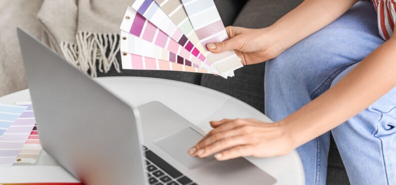 woman, holding, colour, palettes, with, laptop