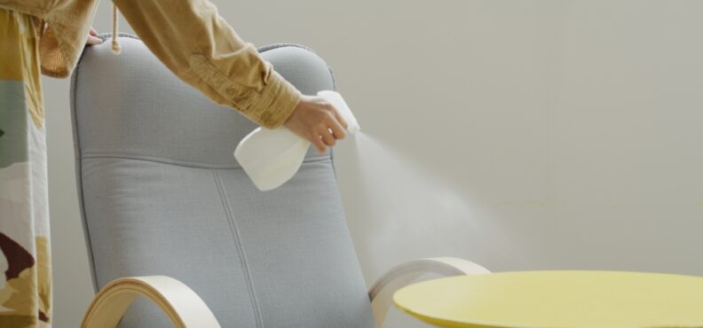 woman, using, spray, to, clean, chair, at, home