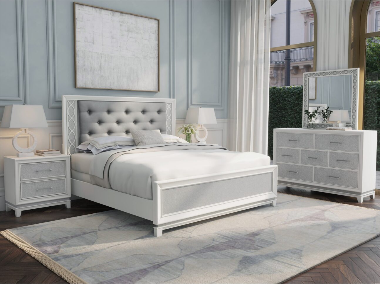 Transitional Pearlized White Bedroom