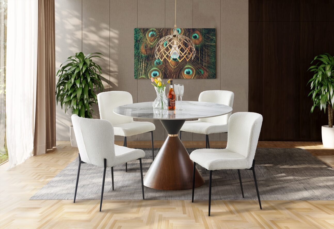 Modern White Stone and Metal Dining Room