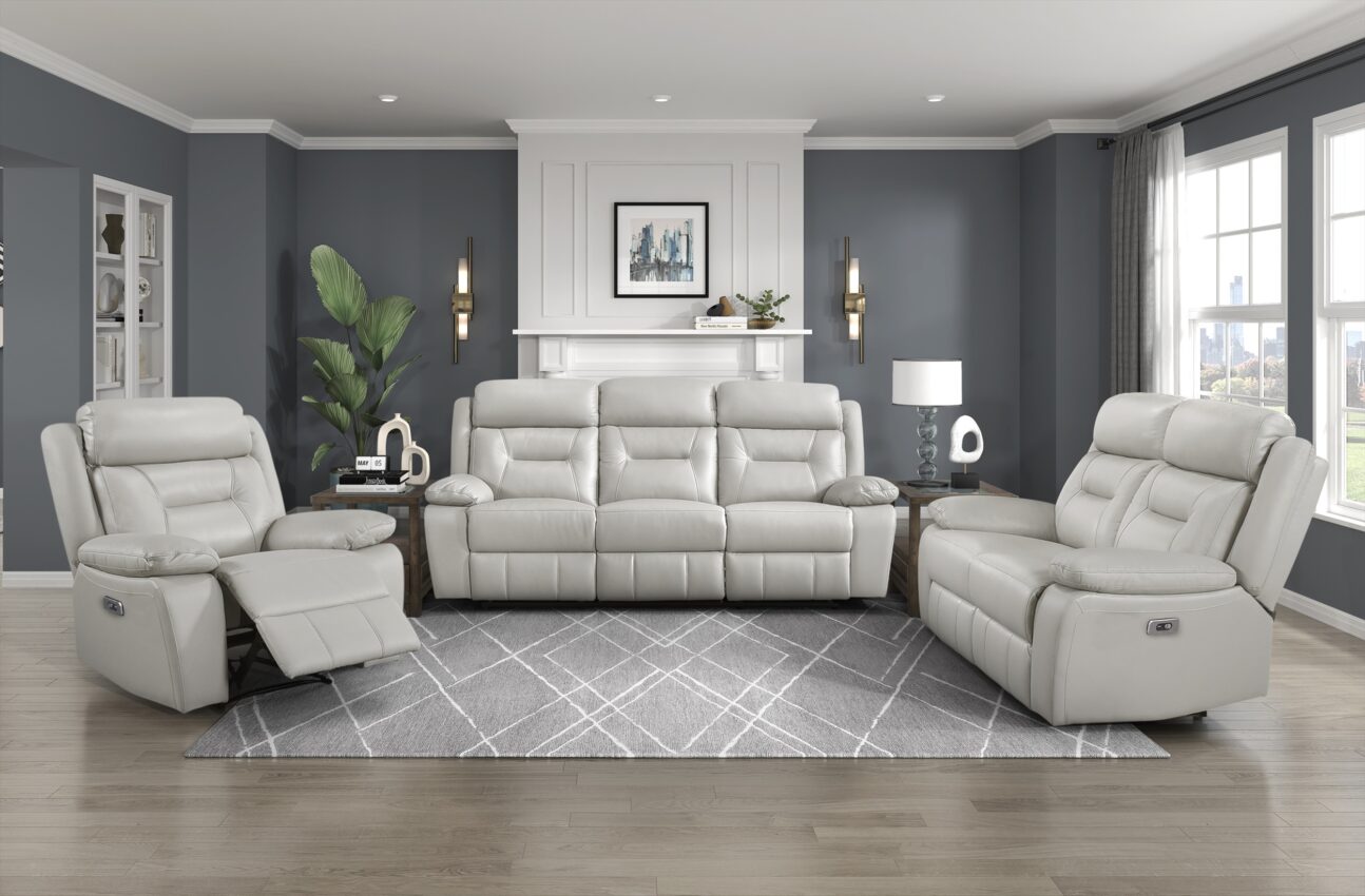 Riley Dual Power Leather Reclining Living Room - Grey - Image 10