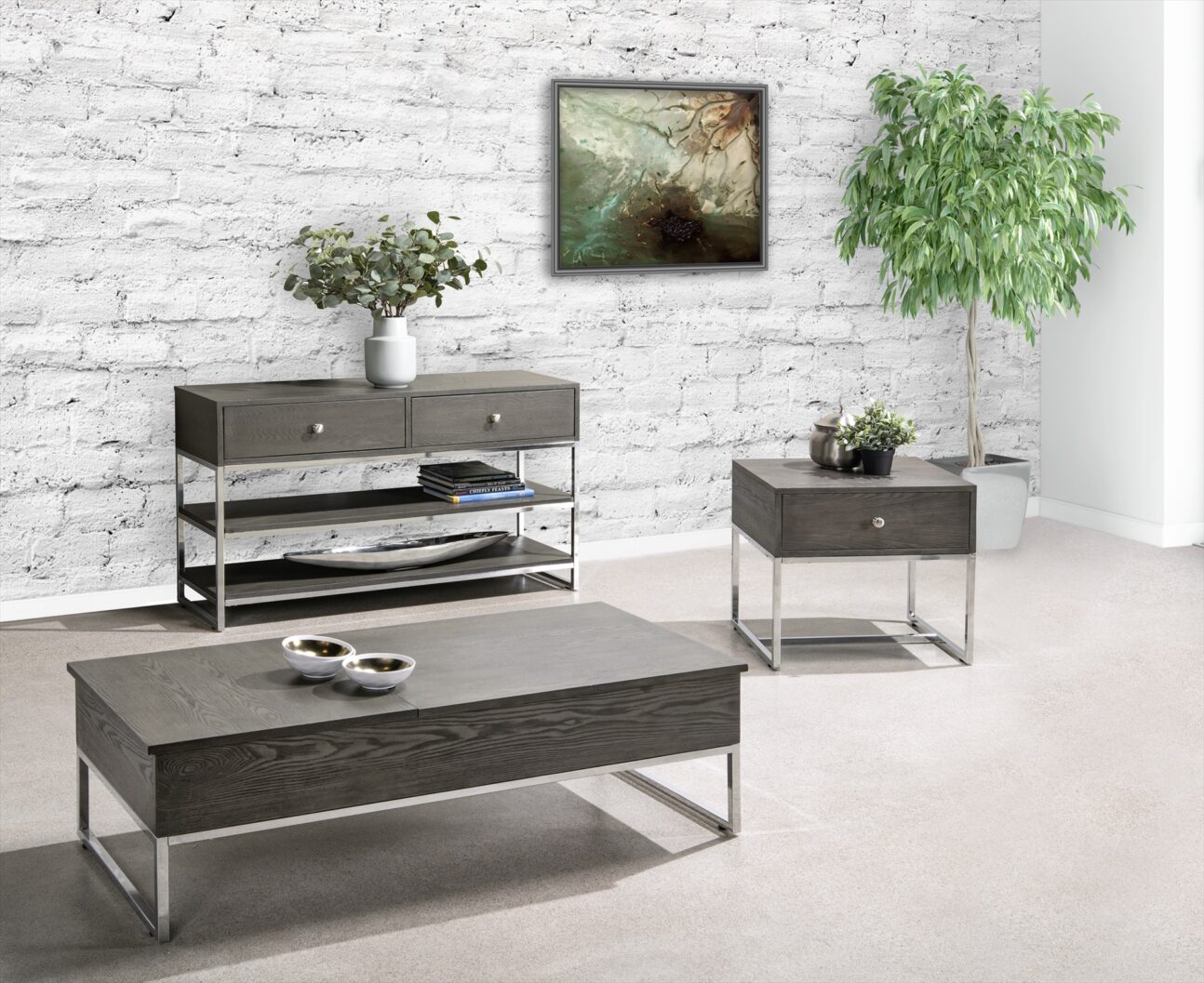 Contemporary Dual Lift Top Grey and Chrome Occasional Tables - Image 7